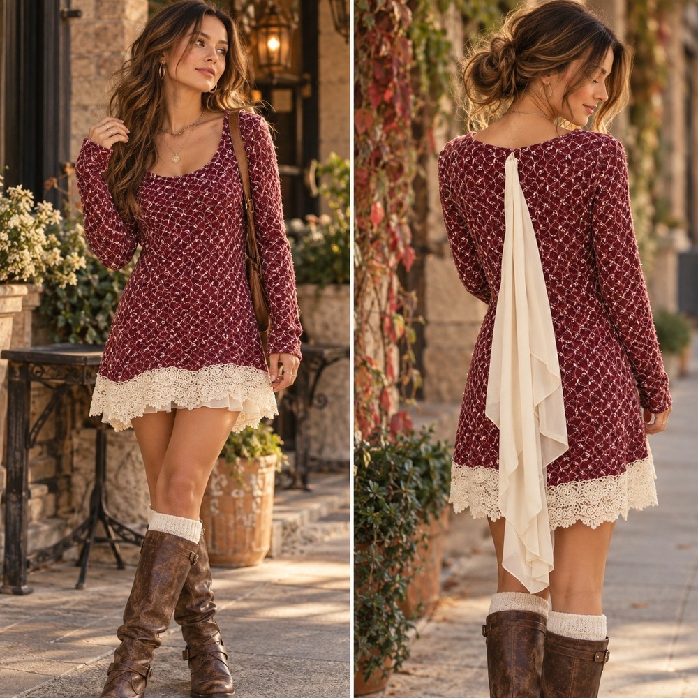 Altar'd State Size M Burgundy Knit Lace Trim Mini Dress Tunic Cottagecore Boho
